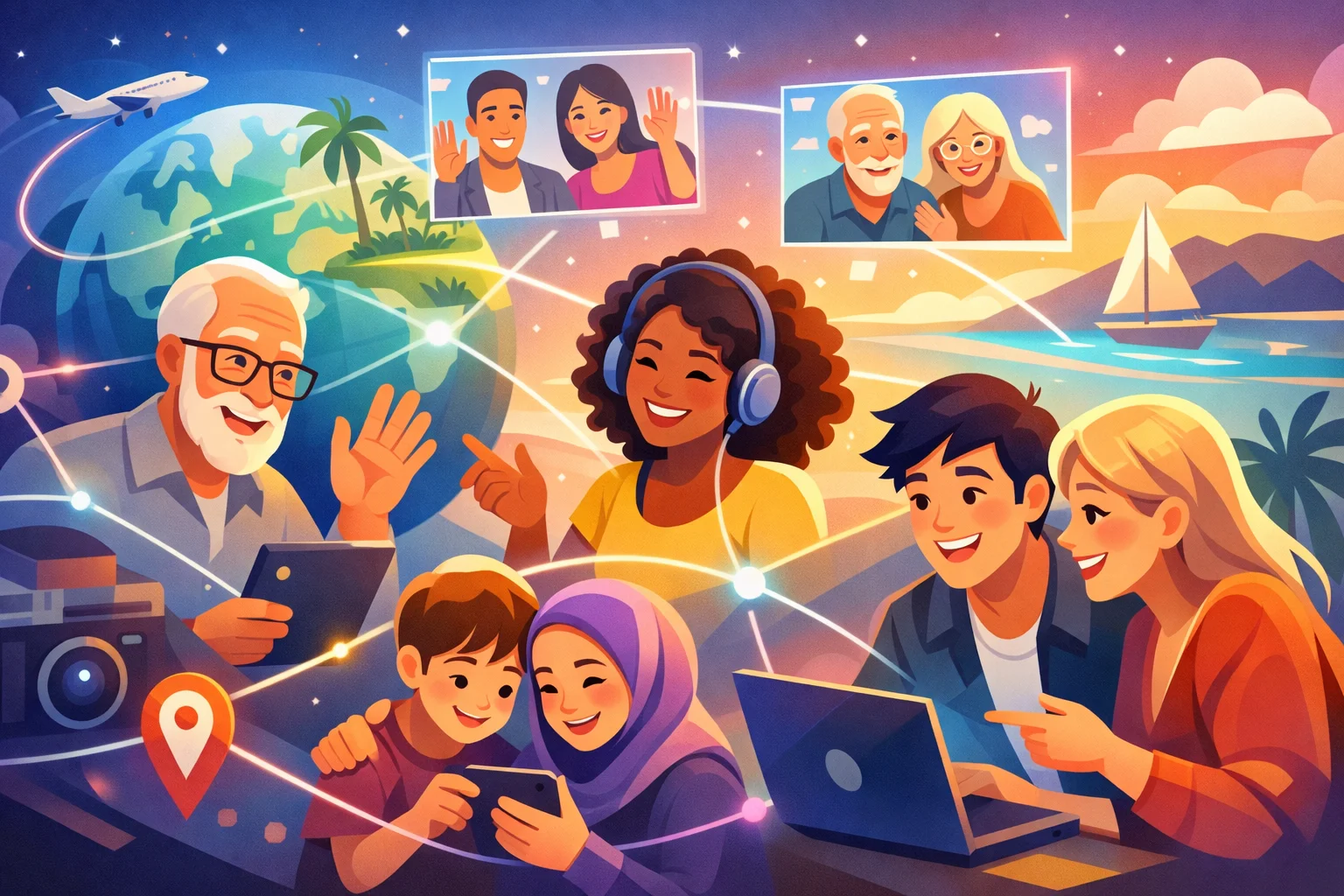 Illustration i flad cartoon-stil af mennesker i forskellige aldre og etniciteter, der er forbundet globalt via digitale forbindelser, symboliseret med lysende linjer og fælles interaktion