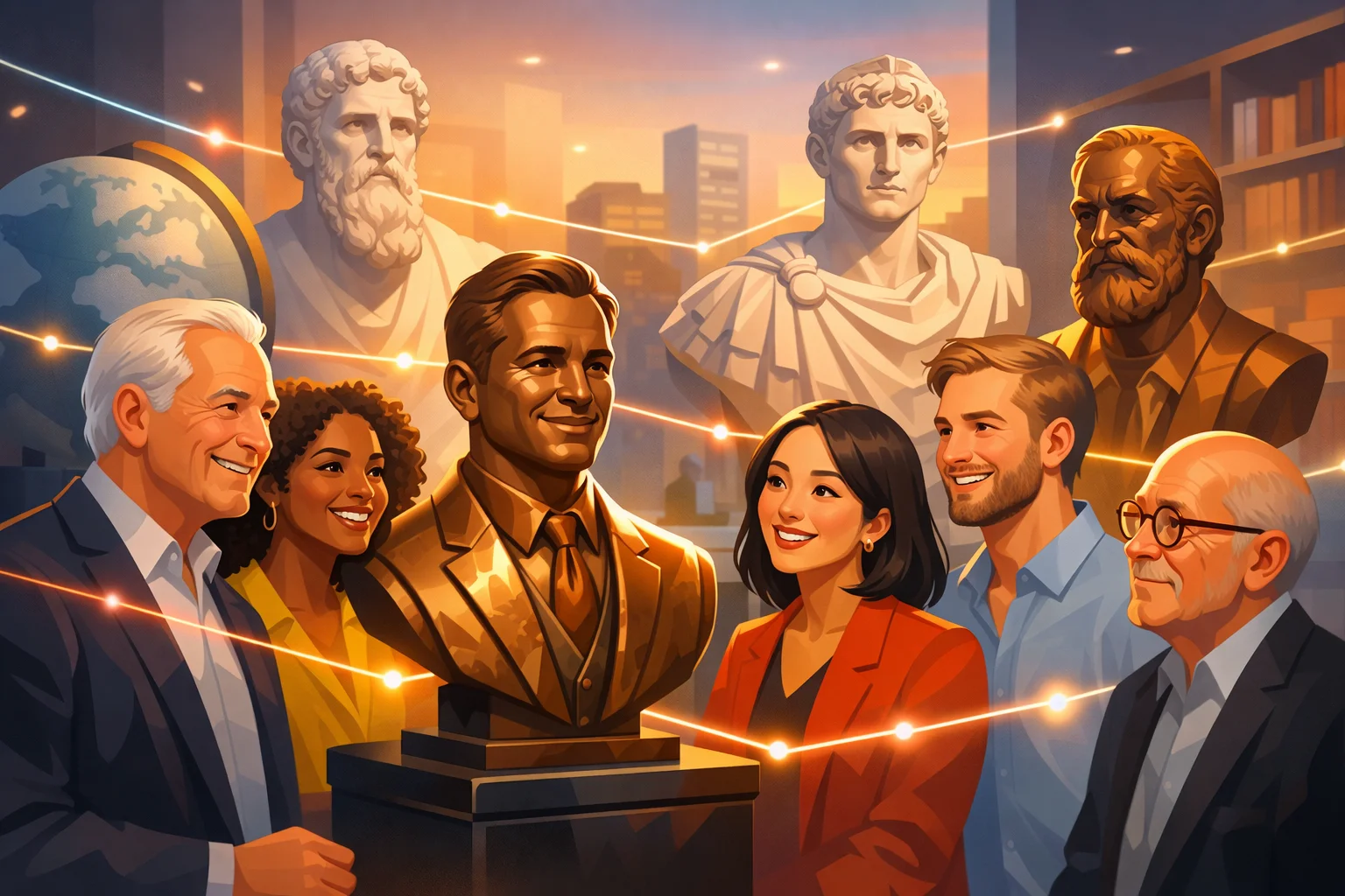 Illustration af moderne ledere og iværksættere omkring en portrætbuste, der symboliserer personlig branding, autoritet og historisk gravitas i et professionelt miljø