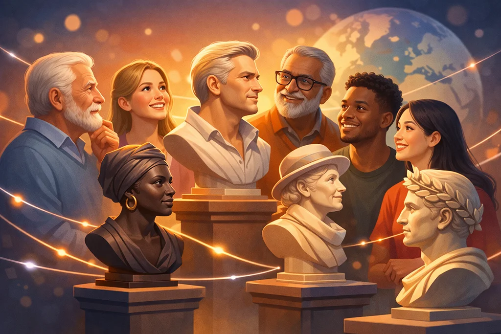 Illustration af personlige buster som eftermæle, hvor mennesker fra forskellige aldre og kulturer samles omkring portrætbuster i et varmt og kunstnerisk miljø