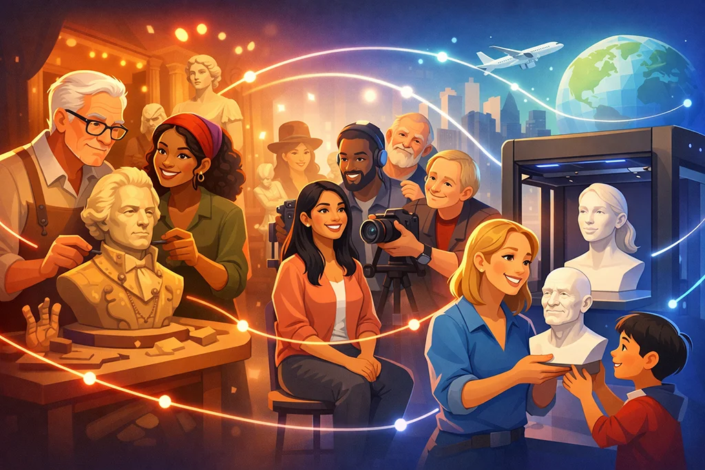 fra-voks-til-3d-print-evolutionen-af-det-tredimensionelle-portraet Illustration af udviklingen fra voksfigurer til moderne 3D-printede buster med mennesker i forskellige aldre og etniciteter omkring portrætkunst og 3D-teknologi