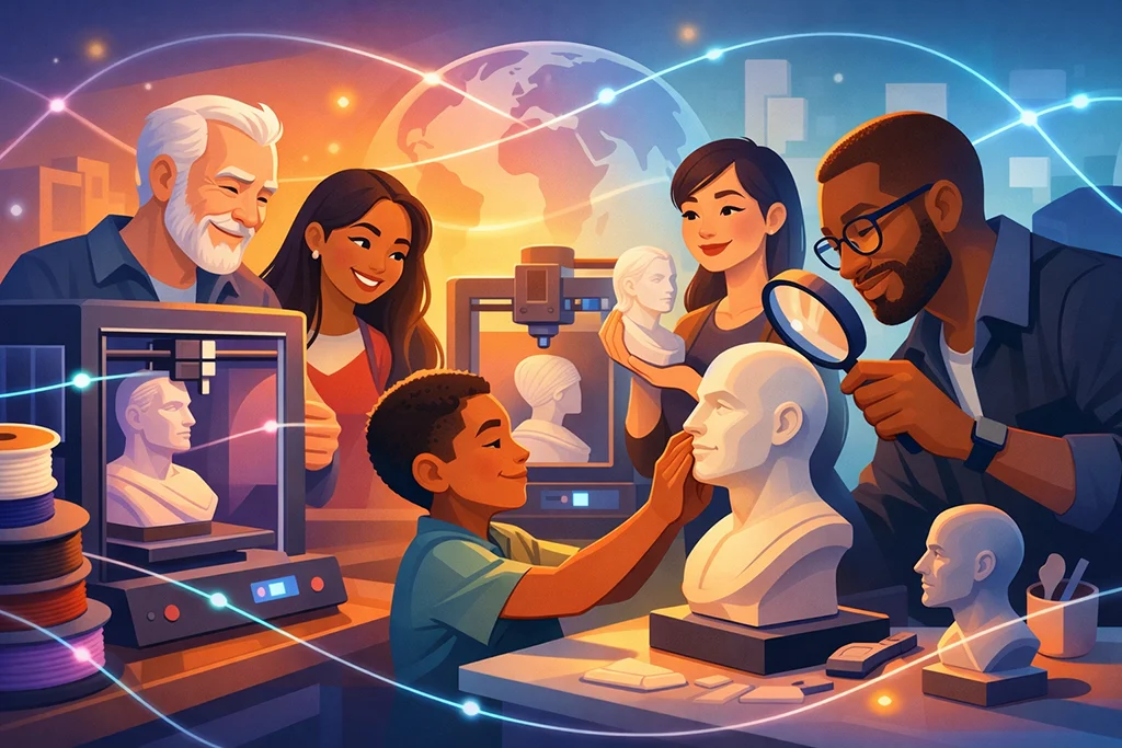 Globalt og farverigt illustreret værksted, hvor mennesker i forskellige aldre og etniciteter arbejder med 3D printede buster og undersøger detaljerne i moderne portrætkunst