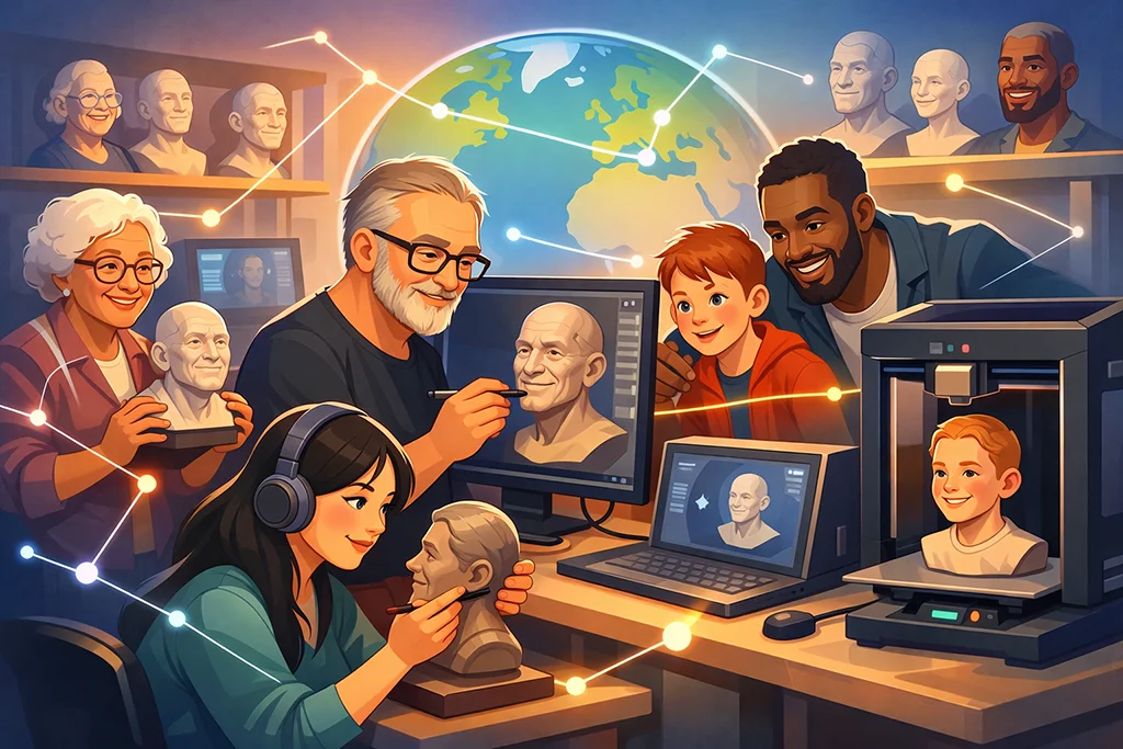 Illustration af et internationalt team, der designer og fremstiller en personlig 3D printed bust med digital modellering, kunstnerisk håndværk og 3D print