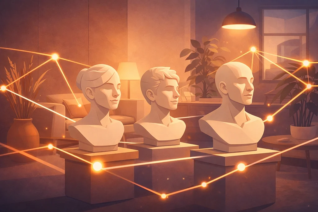 3d-printet-buste-minimalistisk-indretning Tre hvide 3D printede buster placeret på piedestaler i en varm, minimalistisk stue med lysende forbindelseslinjer, der symboliserer digital kuratering og personligt eftermæle