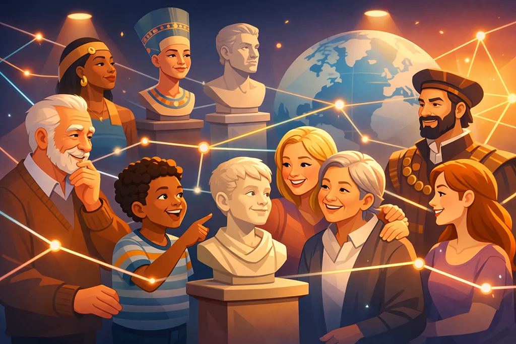 moderne-maecen-personlig-3d-printet-buste-familiearv Farverig illustration af en mangfoldig familie samlet omkring personlige buster, forbundet af lysende linjer og historiske referencer til portrætkunst og familiearv