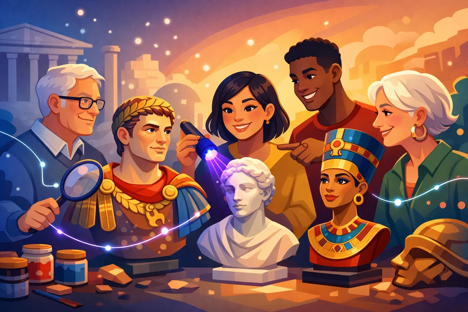 Farverig illustration af mennesker, der undersøger antikke buster og skjulte pigmenter med lys, som visualiserer myten om den hvide buste og antikkens oprindelige farver
